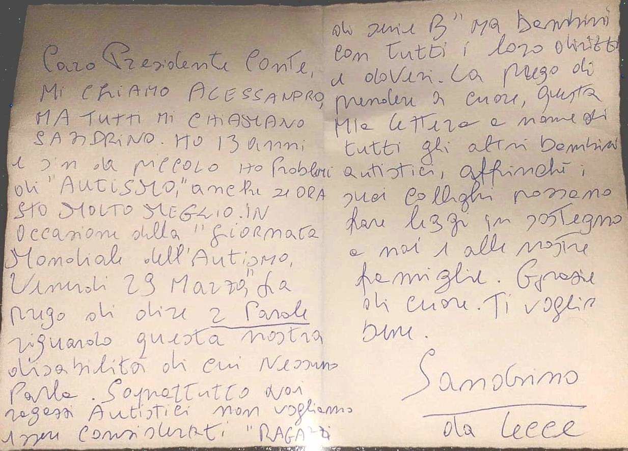 La lettera scritta da Sandrino al premier Giuseppe Conte