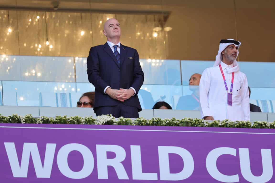 epa10321909 FIFA President Gianni Infantino in the stands before the FIFA World Cup 2022 group F soccer match between Morocco and Croatia at Al Bayt Stadium in Al Khor, Qatar, 23 November 2022.  EPA/Abir Sultan