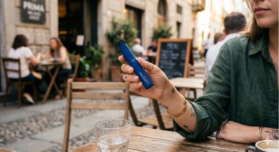 Una persona tiene in mano una svapo usa e getta Elfbar 600 blu in un caffè all'aperto.