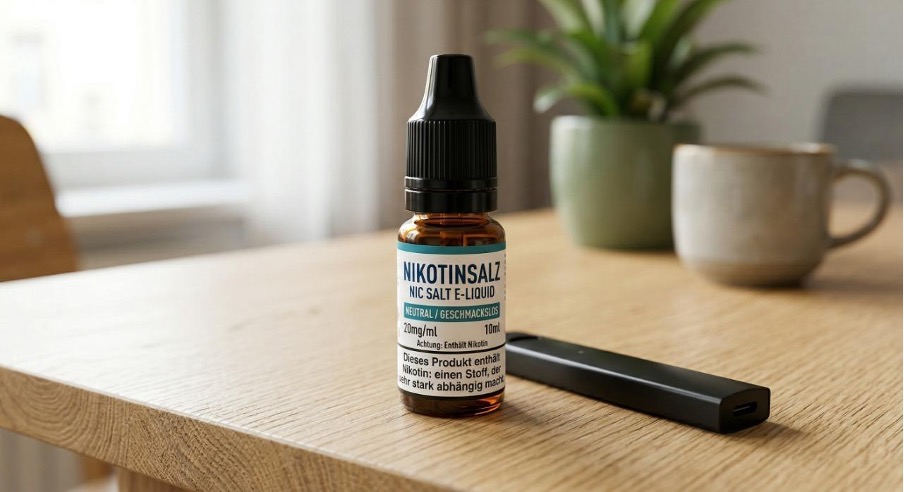 Un flacone da 10 ml di e-liquid ai sali di nicotina con 20 mg/ml di nicotina si trova su un tavolo di legno accanto a una sigaretta elettronica piatta.